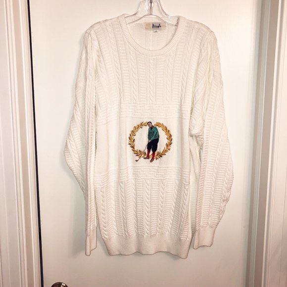 Vintage White Cotton HUGE Grampa Sweater XL Pringle Scotland Golf Embroidered - Picture 2 of 8